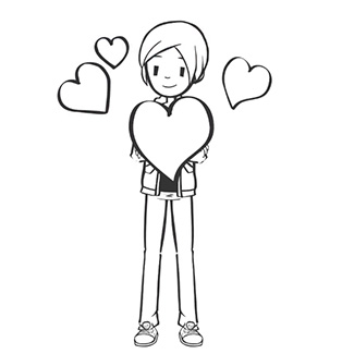 Whiteboard drawing of someone surrounded by hearts