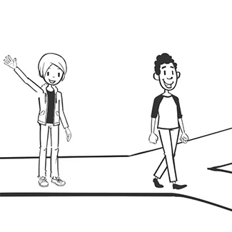 Whiteboard drawing of someone waving goodbye to their peer